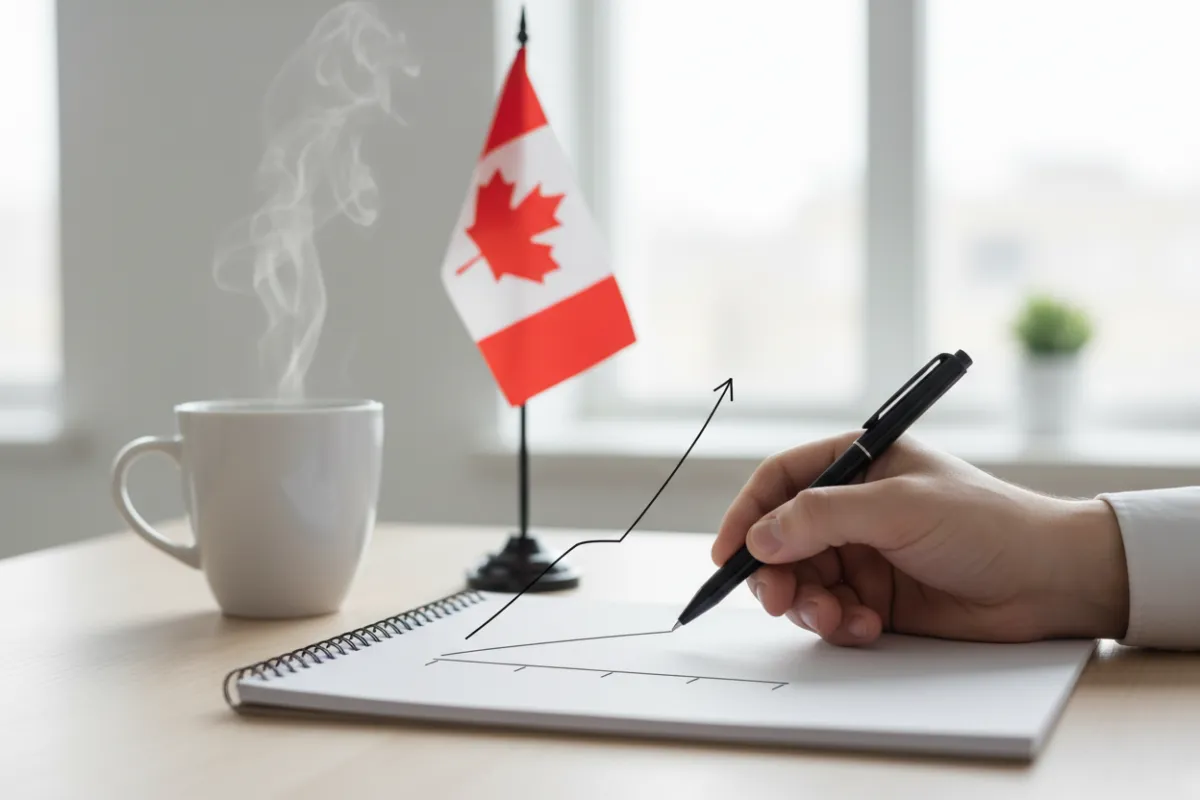A close-up of a hand drawing a simple upward financial graph on a notepad, with a coffee mug and a small Canadian flag in the background. The scene is bright and uncluttered, representing clarity and strategic financial growth.