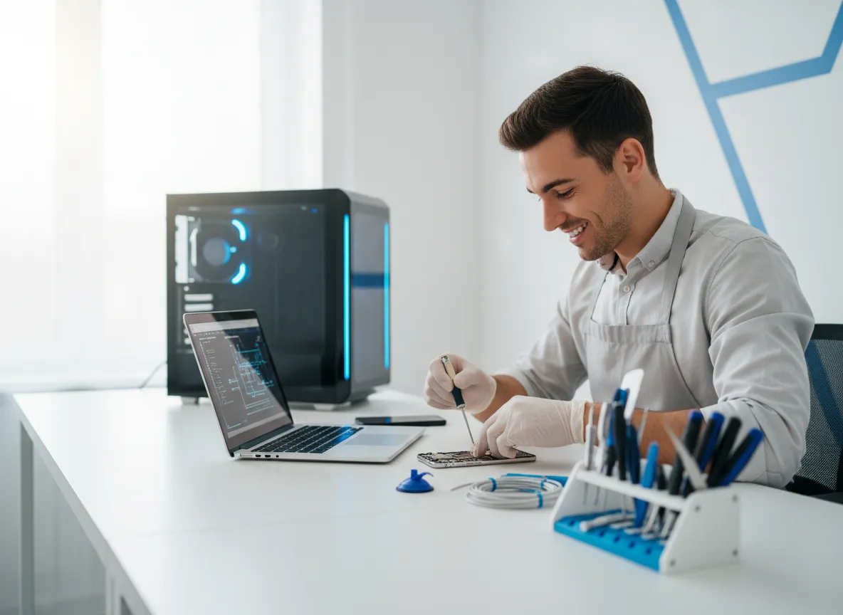 Técnico reparando dispositivos en AuraShift