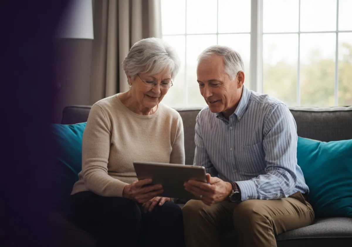 Older adult and advisor looking at a tablet together