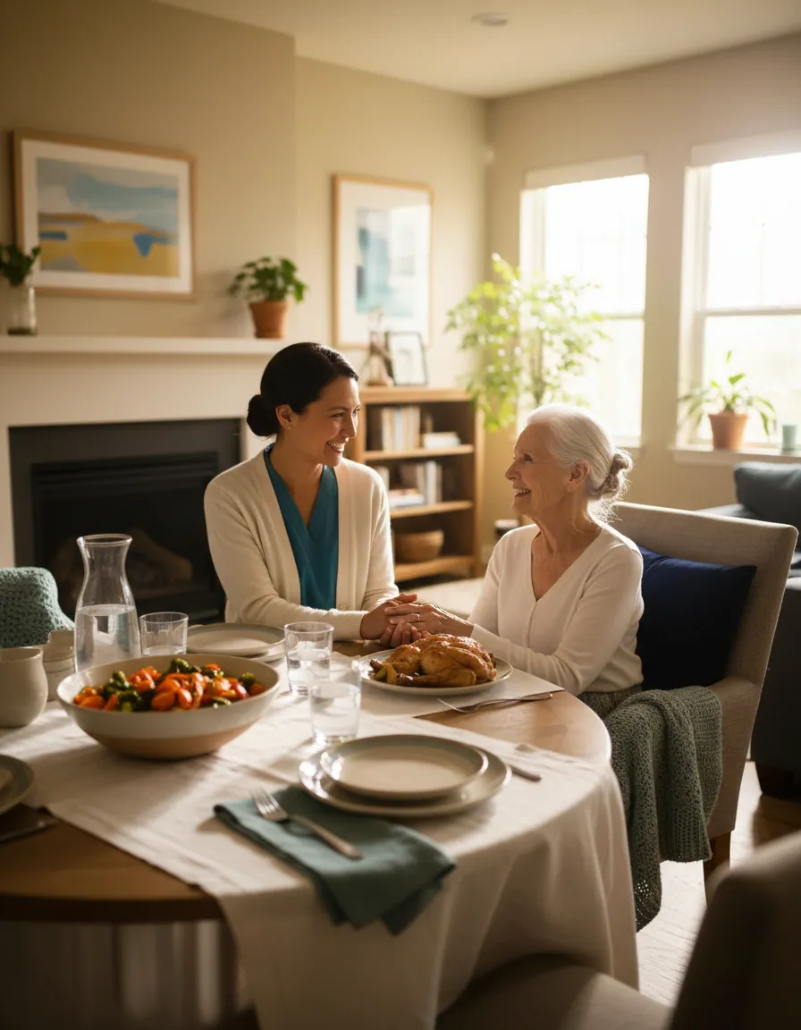 Warm, high-key photo of a cozy dining or living area in a residential care home