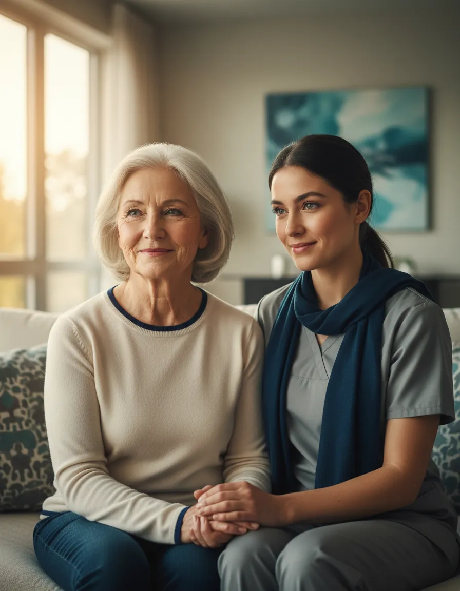 A warm, compassionate setting featuring an older adult and a supportive caregiver.