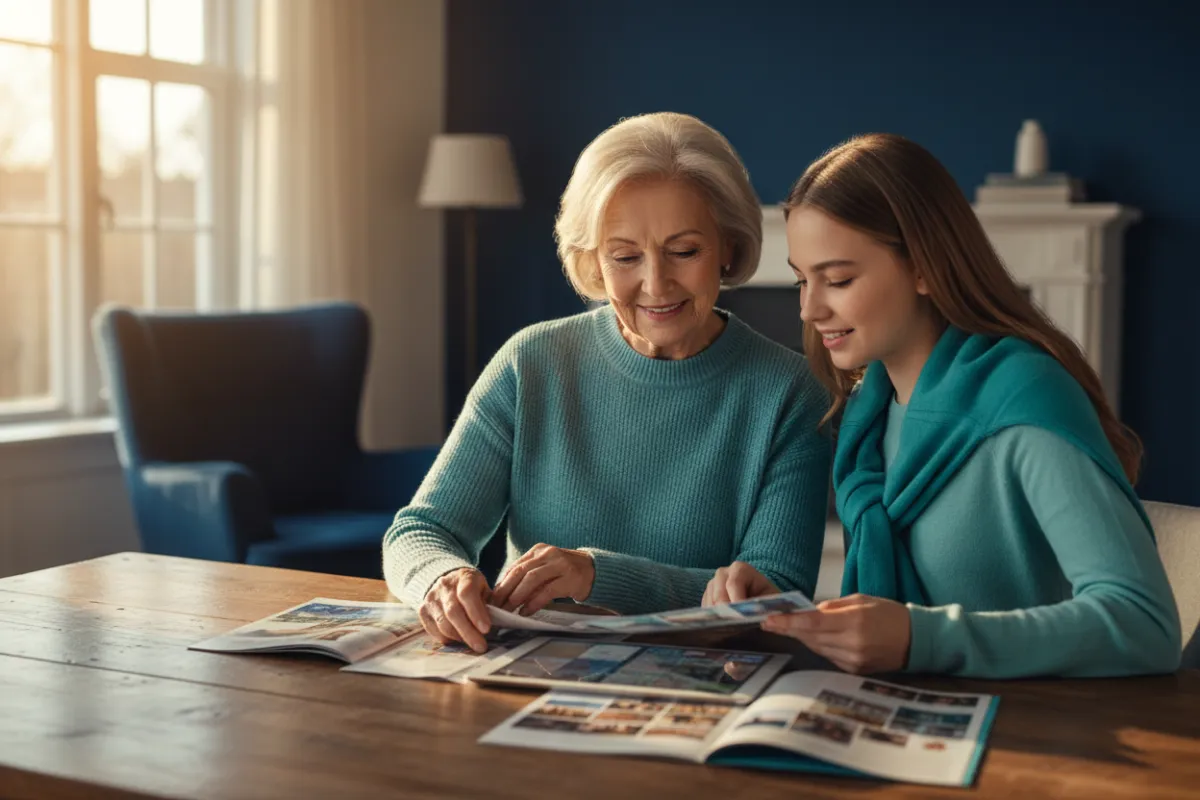 Older adult and family reviewing senior living information