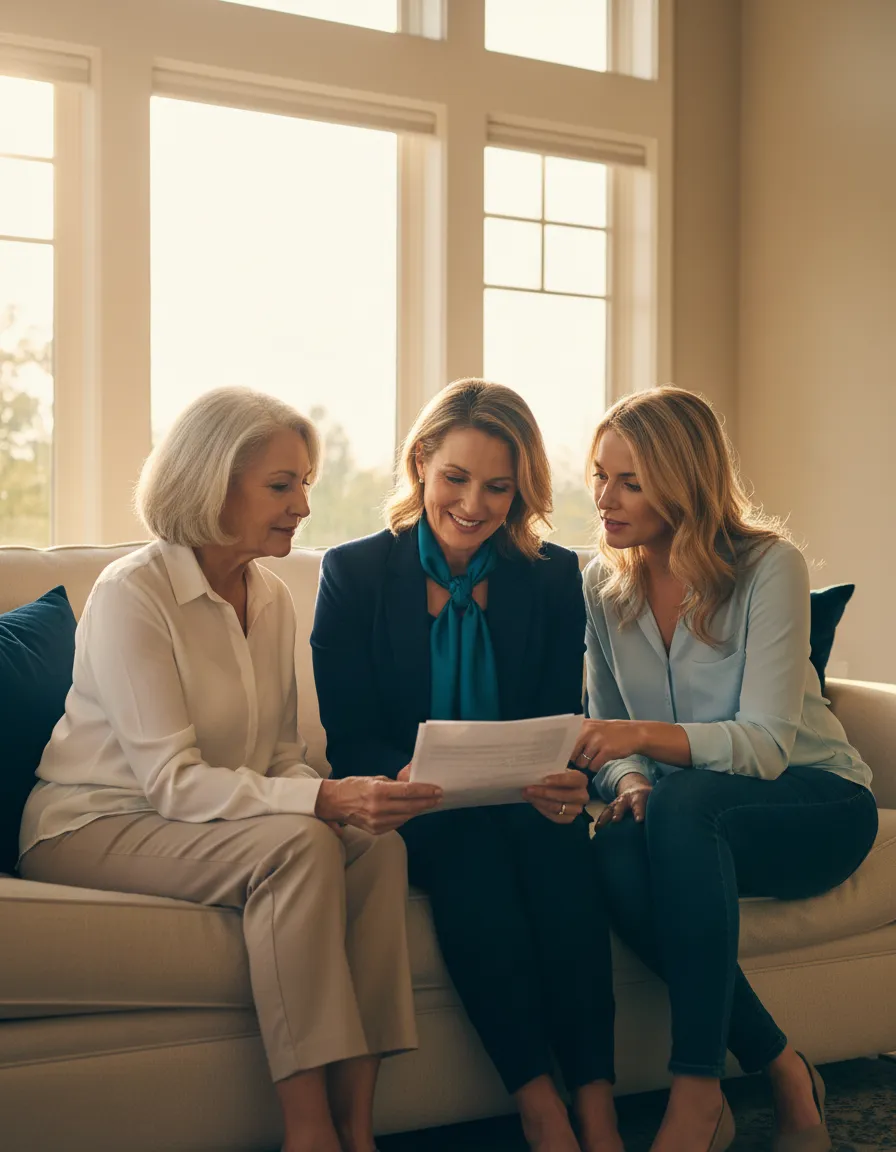 Family advisor speaking with an older adult and family member in a warm, welcoming setting