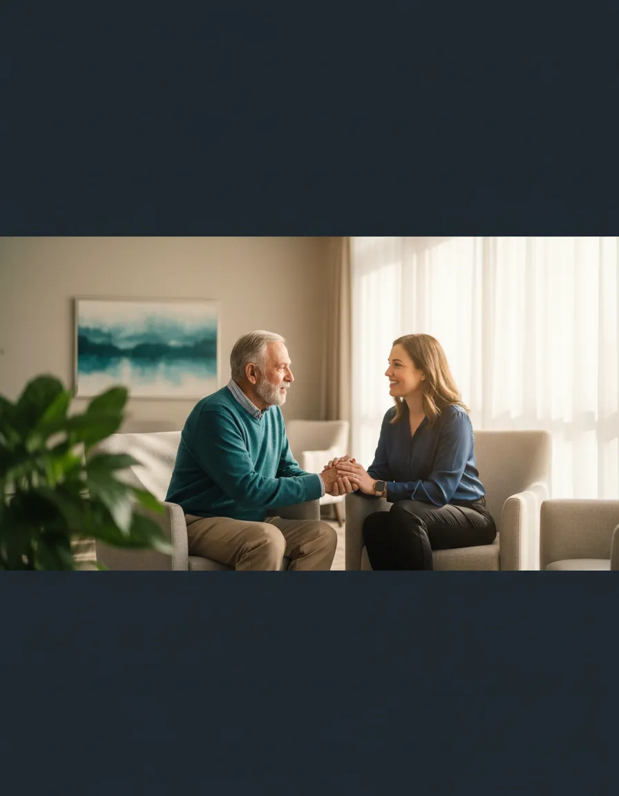 A warm, professional healthcare interaction between an older adult and a local DFW advisor