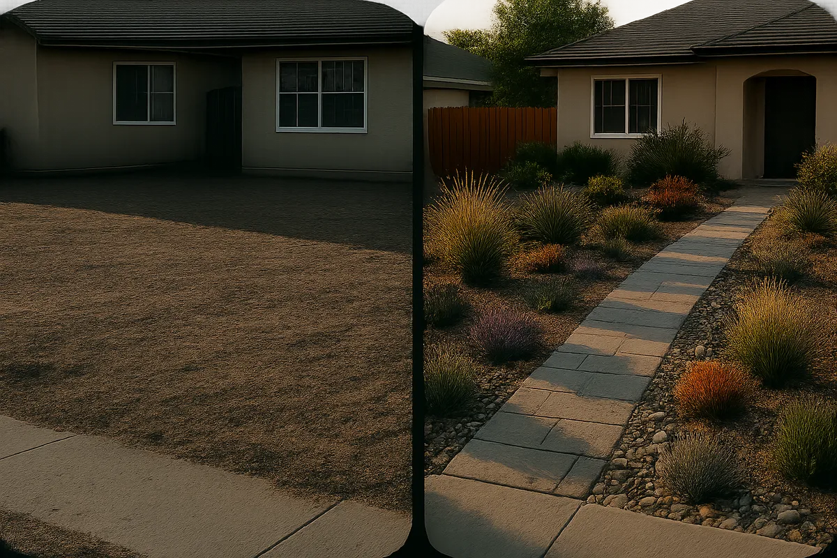 Before and after xeriscape transformation of a Reno suburban front yard with drought-tolerant plantings, river rock, and integrated stone paver walkway