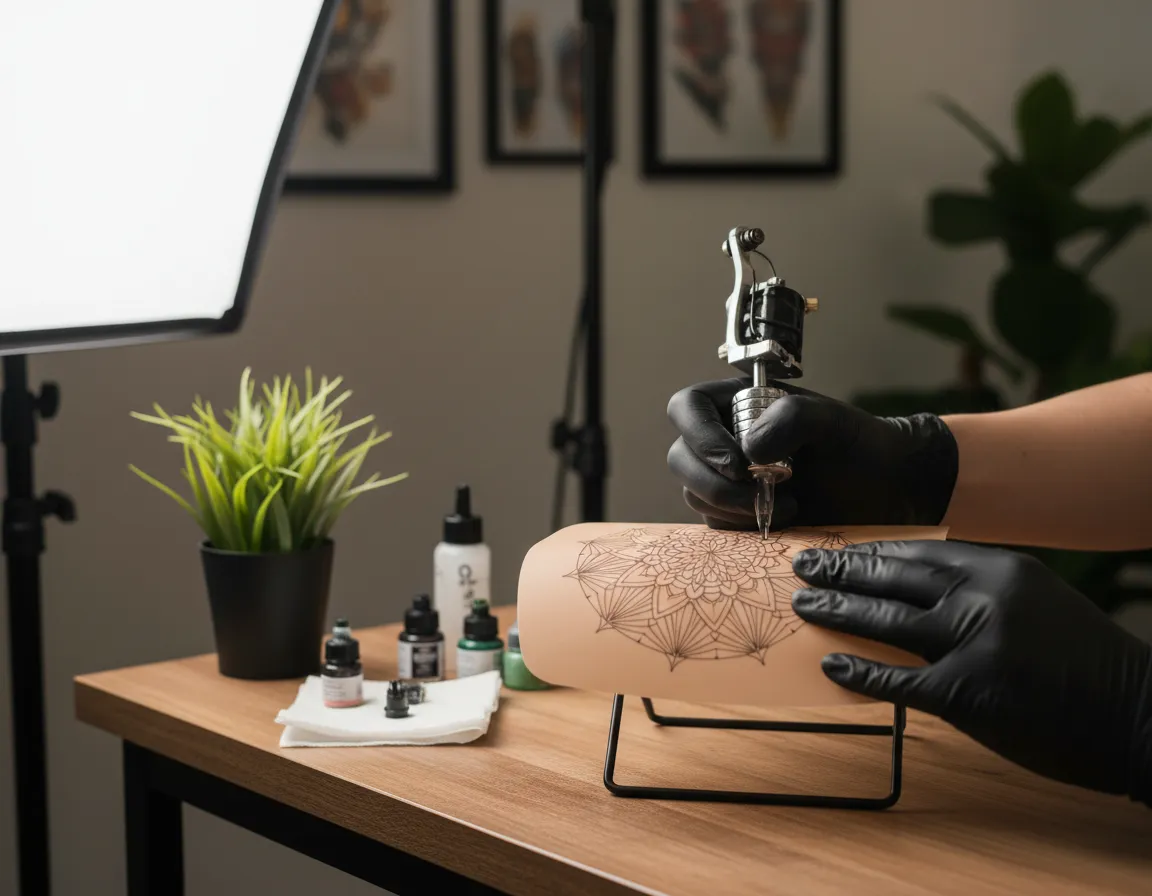 Alumno practicando tatuaje en piel sintética