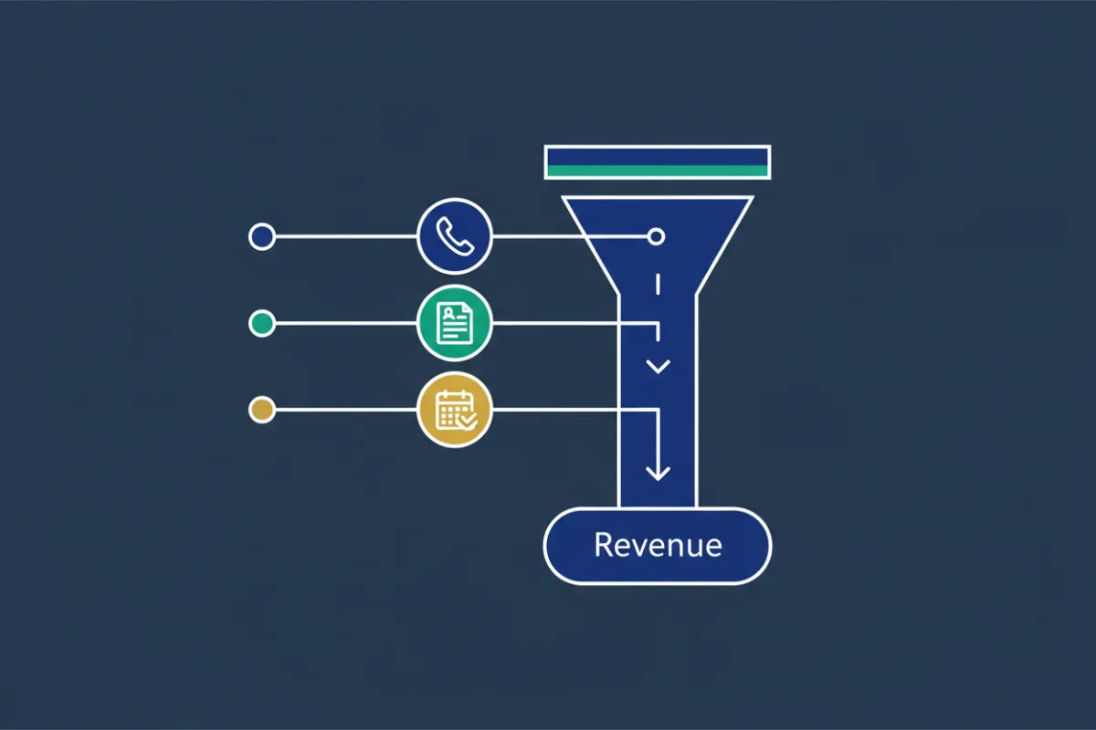 Illustration of a leaking funnel being patched to stop lost revenue. Visual showing steps for identifying and fixing revenue leaks.