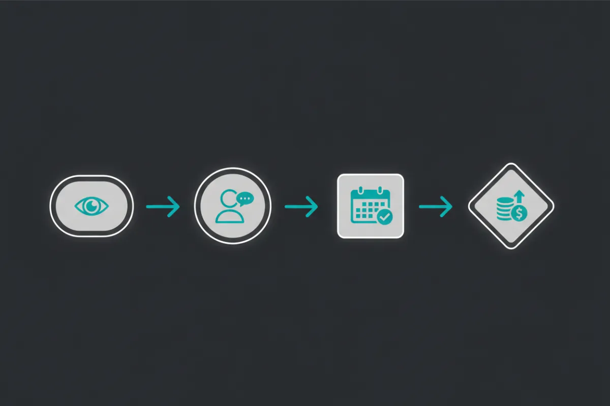 Conversion funnel graphic with arrows and upward performance metrics. Illustration representing conversion optimization and faster lead-to-sale paths.