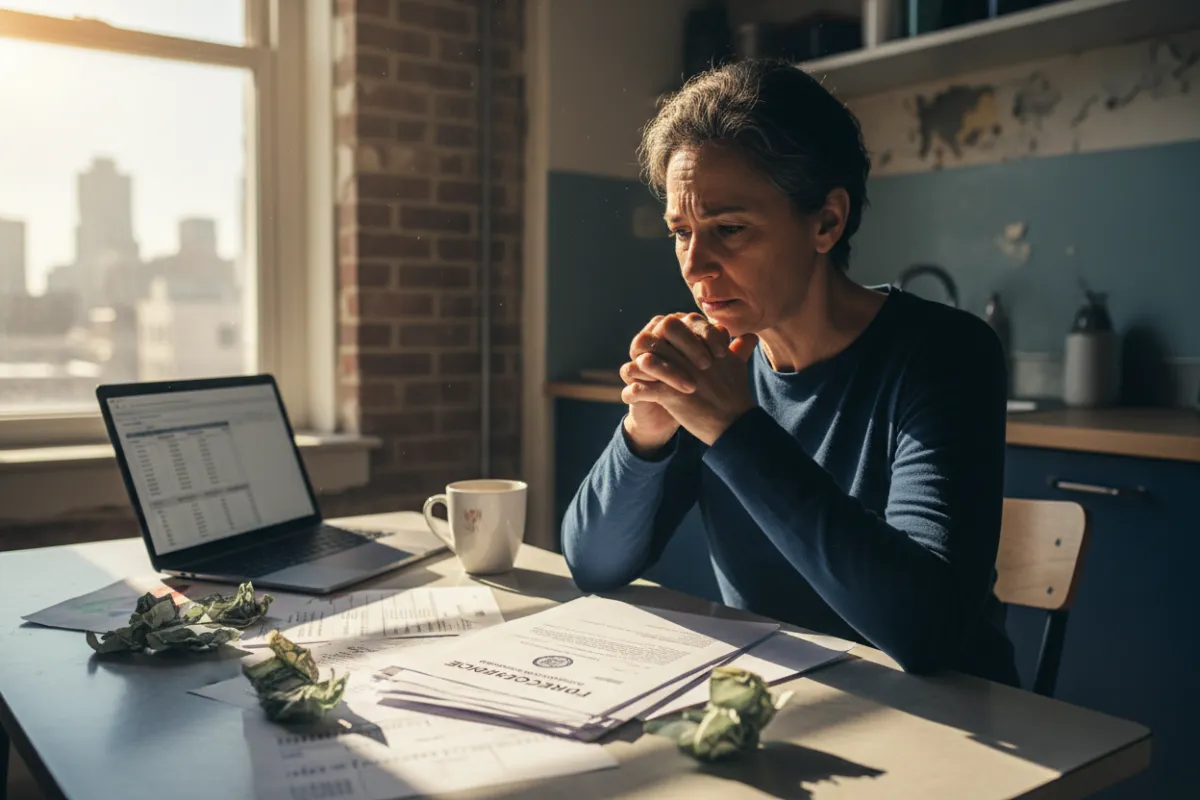 Worried homeowner reviewing foreclosure notice in a cluttered living room, sunlight streaming through window, tense expression, paperwork scattered on table, urban setting, diverse demographic, documentary style