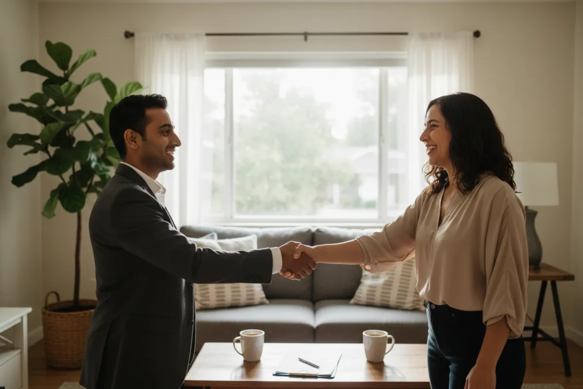 Professional real estate investor shaking hands with homeowner in a tidy living room, both smiling, paperwork on coffee table, bright daylight, multi-ethnic, candid, lifestyle photography