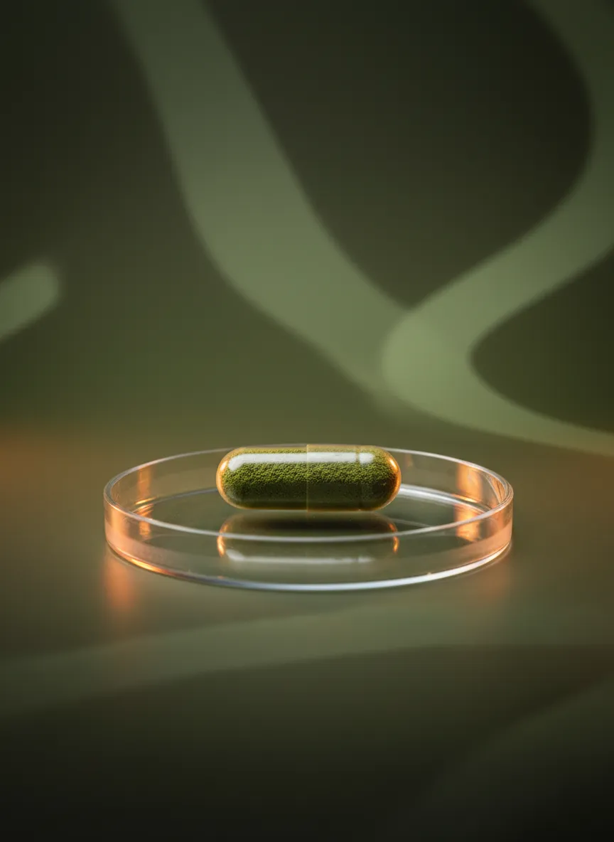 Minimalist still-life photo of a supplement capsule resting on a petri dish