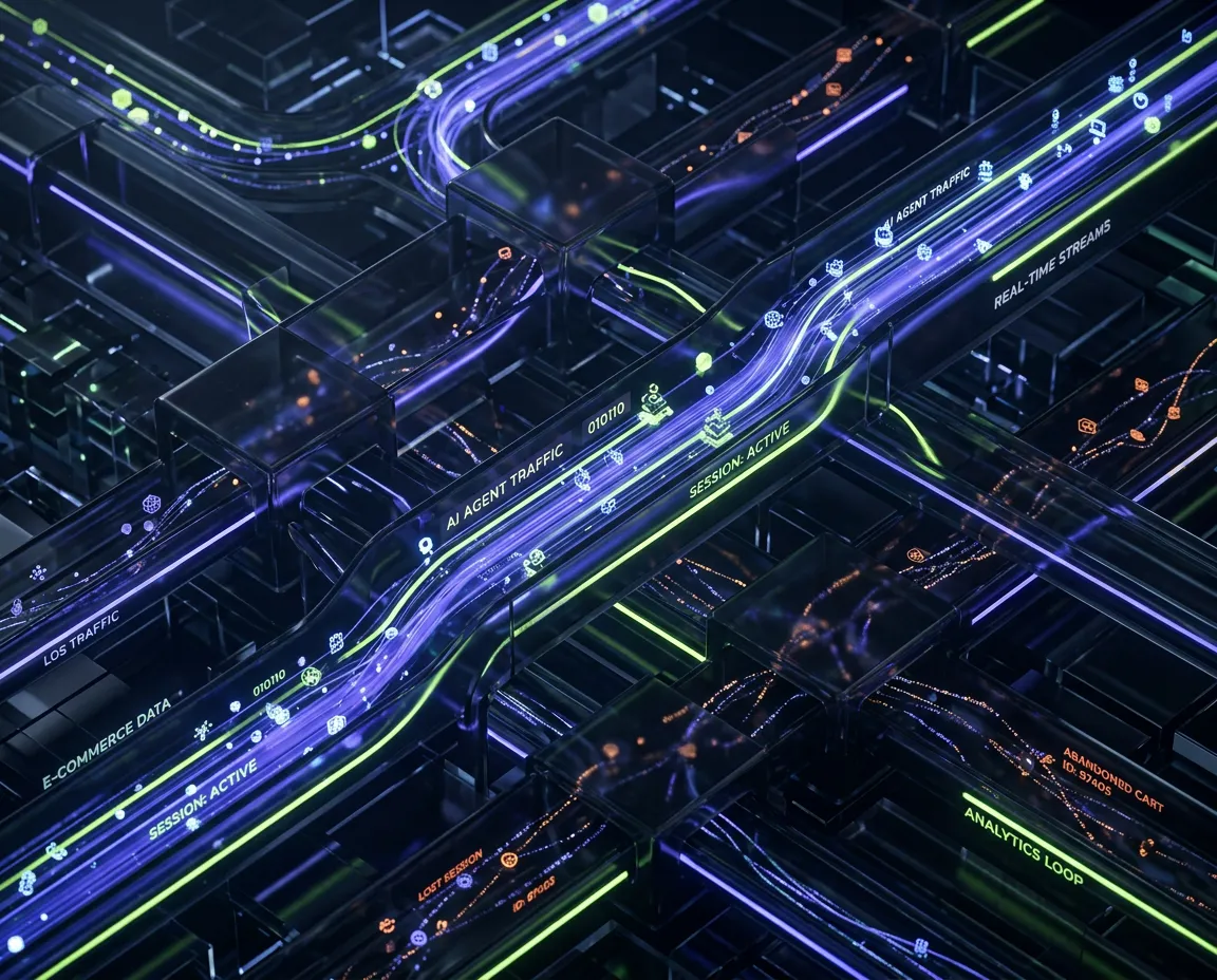 Abstract cybernetic data-stream interface mapping lost e-commerce traffic and unparsed AI agent requests