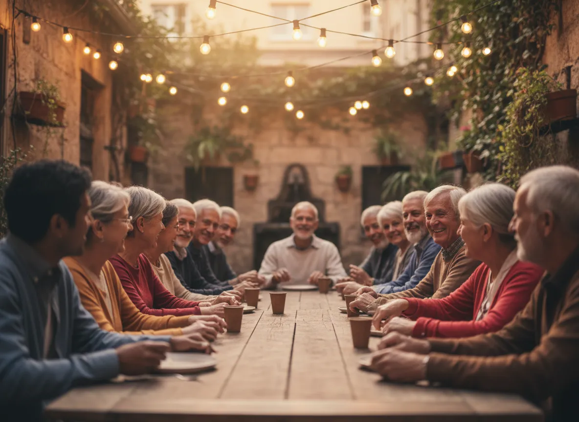 Community gathering sharing a meal