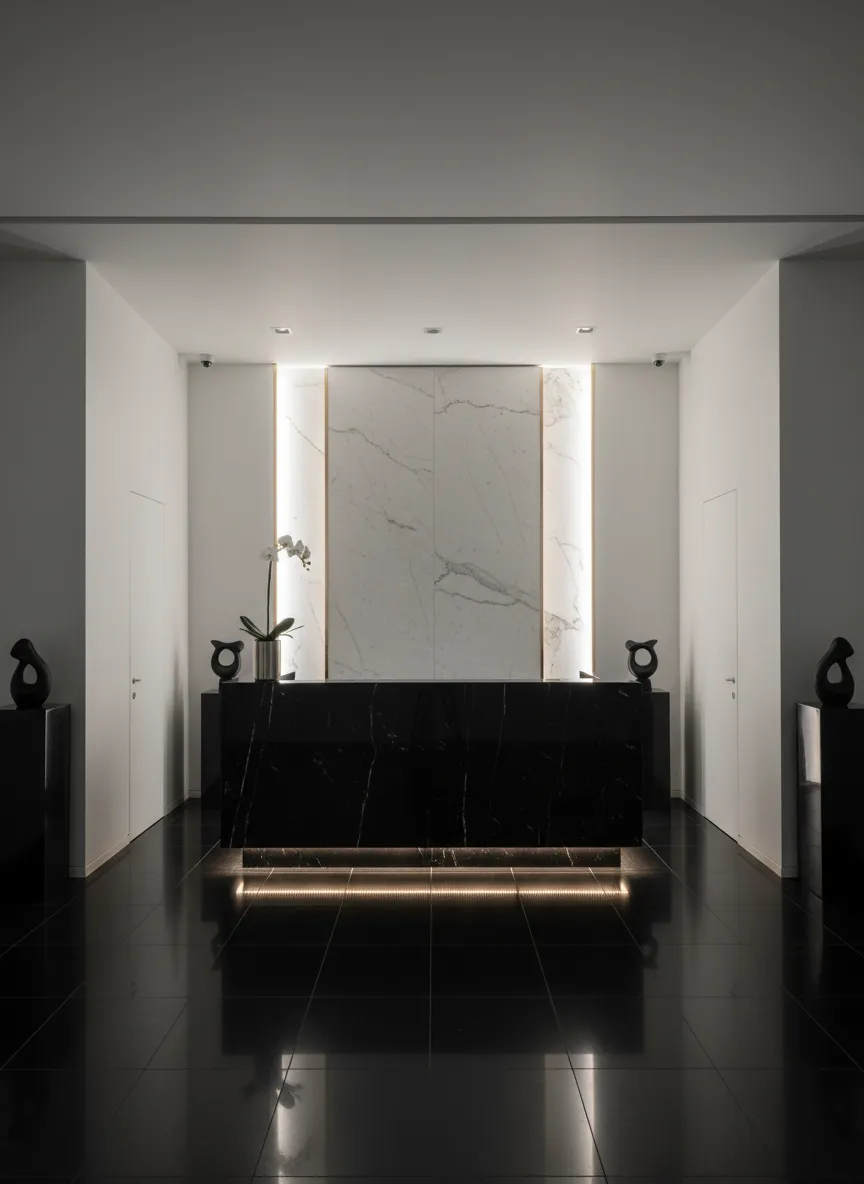 Minimal luxury aesthetic clinic reception with warm ambient lighting