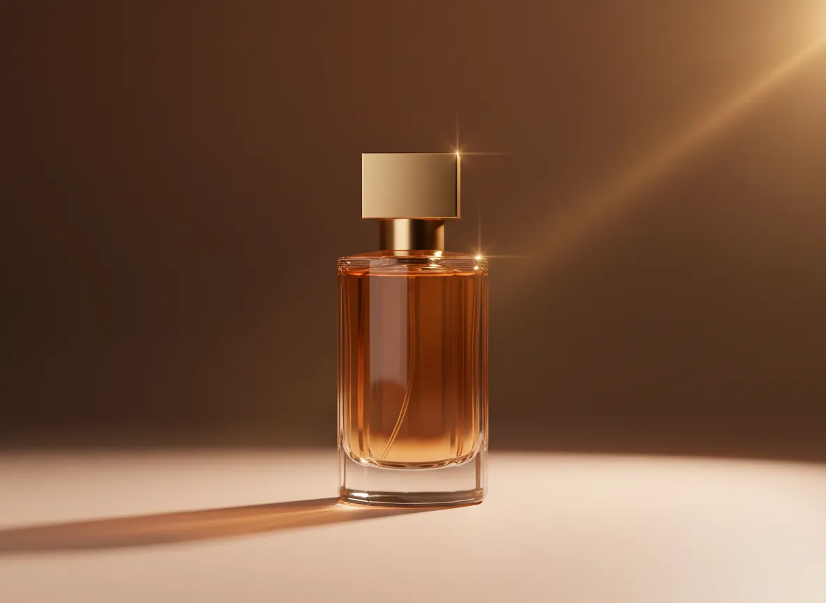 Elegant amber perfume bottle on blush background