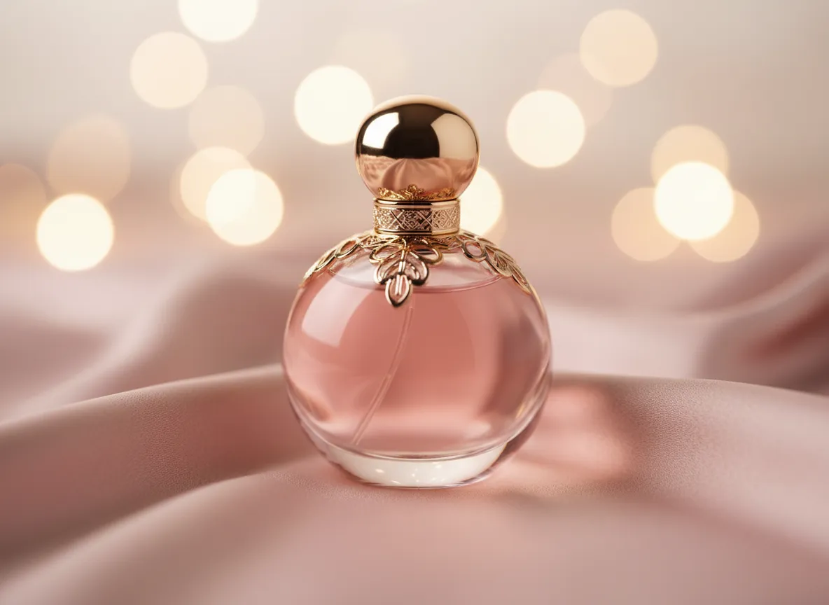 Soft pink floral perfume bottle with gold accents