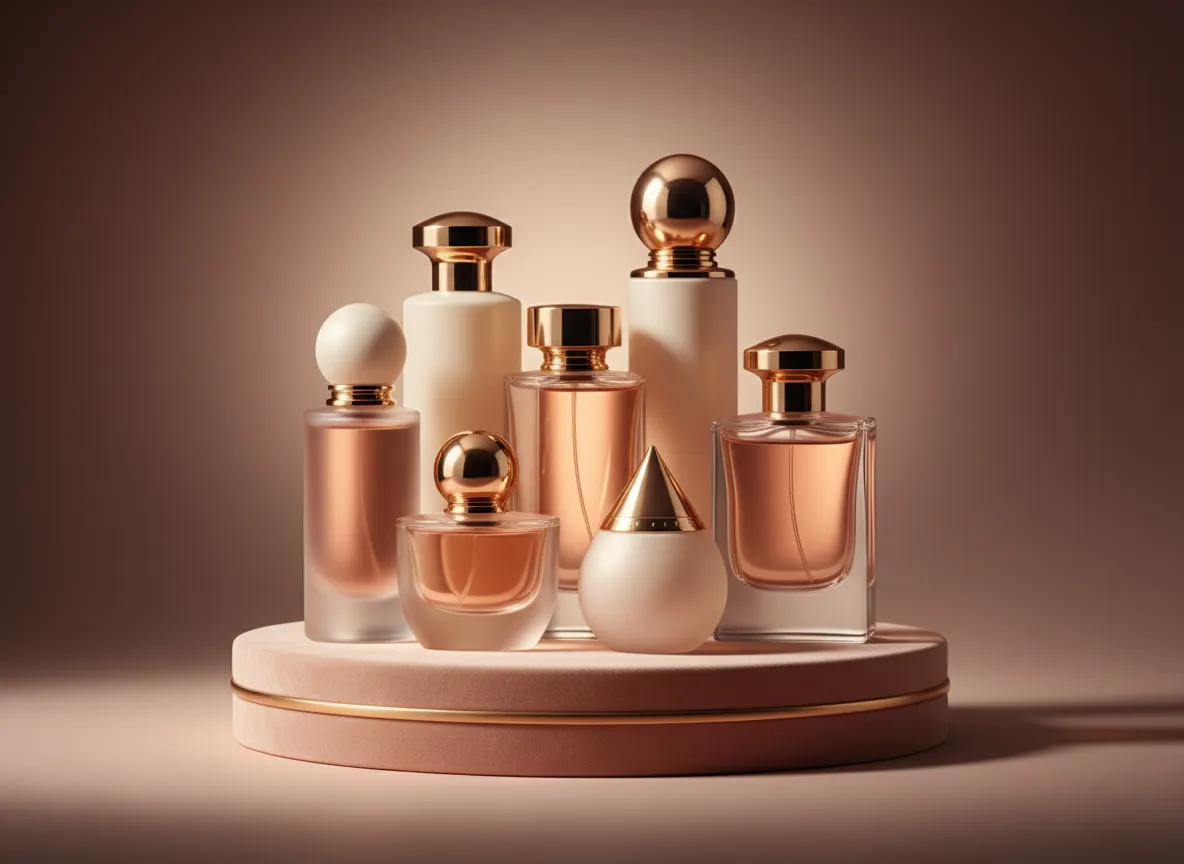 Collection of luxury perfume bottles on a soft blush background