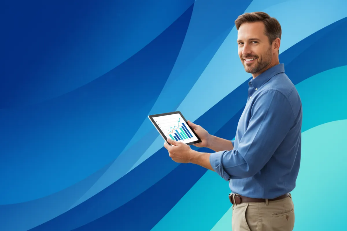 A confident small business owner stands in a modern office, reviewing marketing charts on a digital tablet. The background features vibrant blue and teal gradients, echoing the brand colors. The subject is mid-30s, wearing business casual, and smiling with determination.