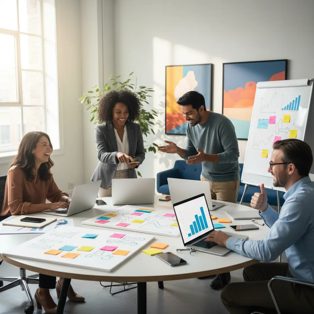 A diverse team of marketing professionals collaborates around a table filled with laptops and colorful strategy boards. The office is bright and modern, with natural light and creative decor. Each team member is engaged and smiling, reflecting a supportive environment.