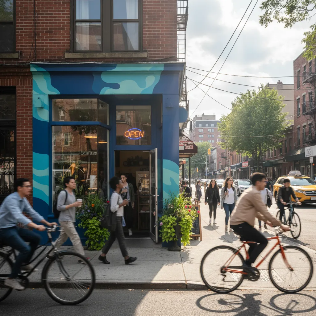 A small business storefront with a welcoming open sign, surrounded by vibrant city life. The scene is lively, with pedestrians and bicycles passing by, and the shop’s branding is visible in blue and teal hues.