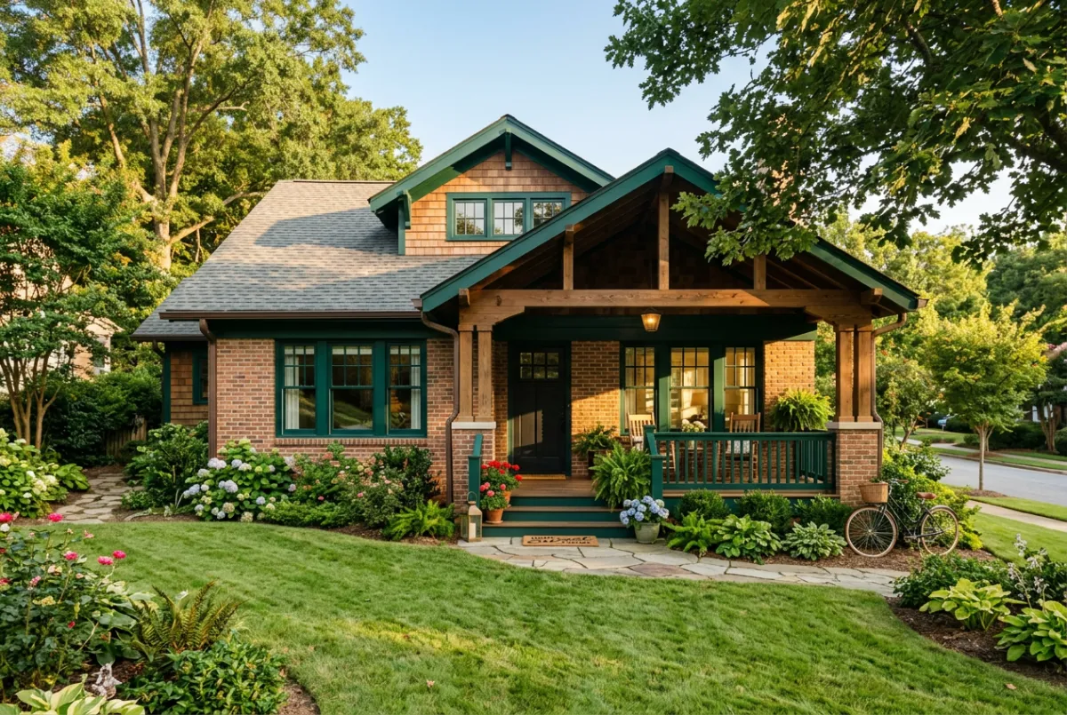 Sunlit craftsman family home with lush front yard under warm afternoon light
