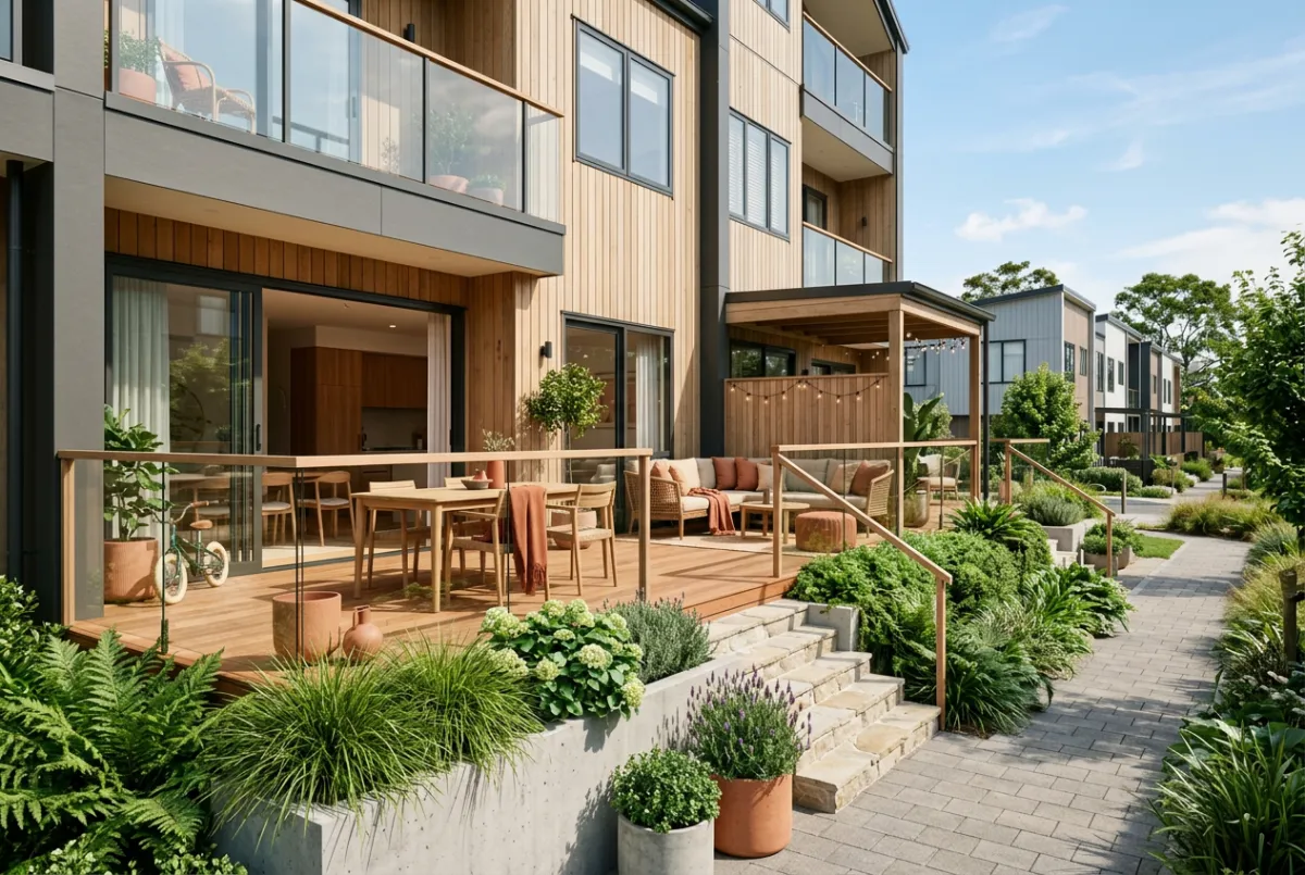 Architectural modern pre-construction townhouse terrace rendering with warm timber accents