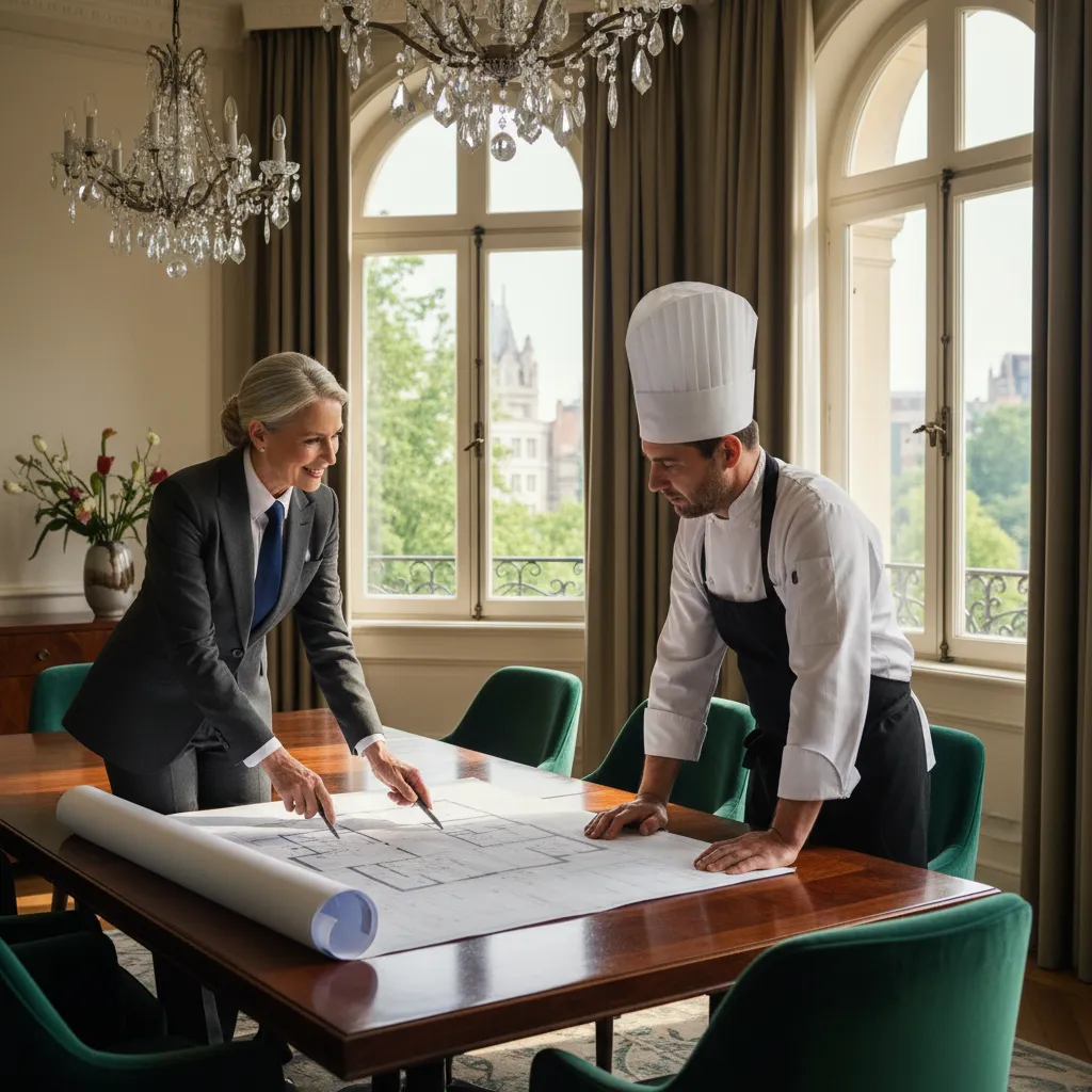 A poised, experienced operations consultant in a tailored suit, reviewing a restaurant's floor plan with a chef in a sunlit private dining room. The consultant's confident demeanor and the chef's attentive posture convey trust and partnership in a luxury setting.