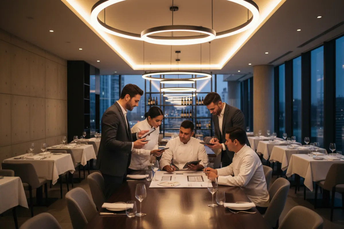 A sophisticated, modern restaurant interior with a diverse team of managers and chefs collaborating over digital tablets and reports, set against a backdrop of elegant table settings and ambient lighting. The scene exudes professionalism and exclusivity, appealing to high-end restaurant owners.