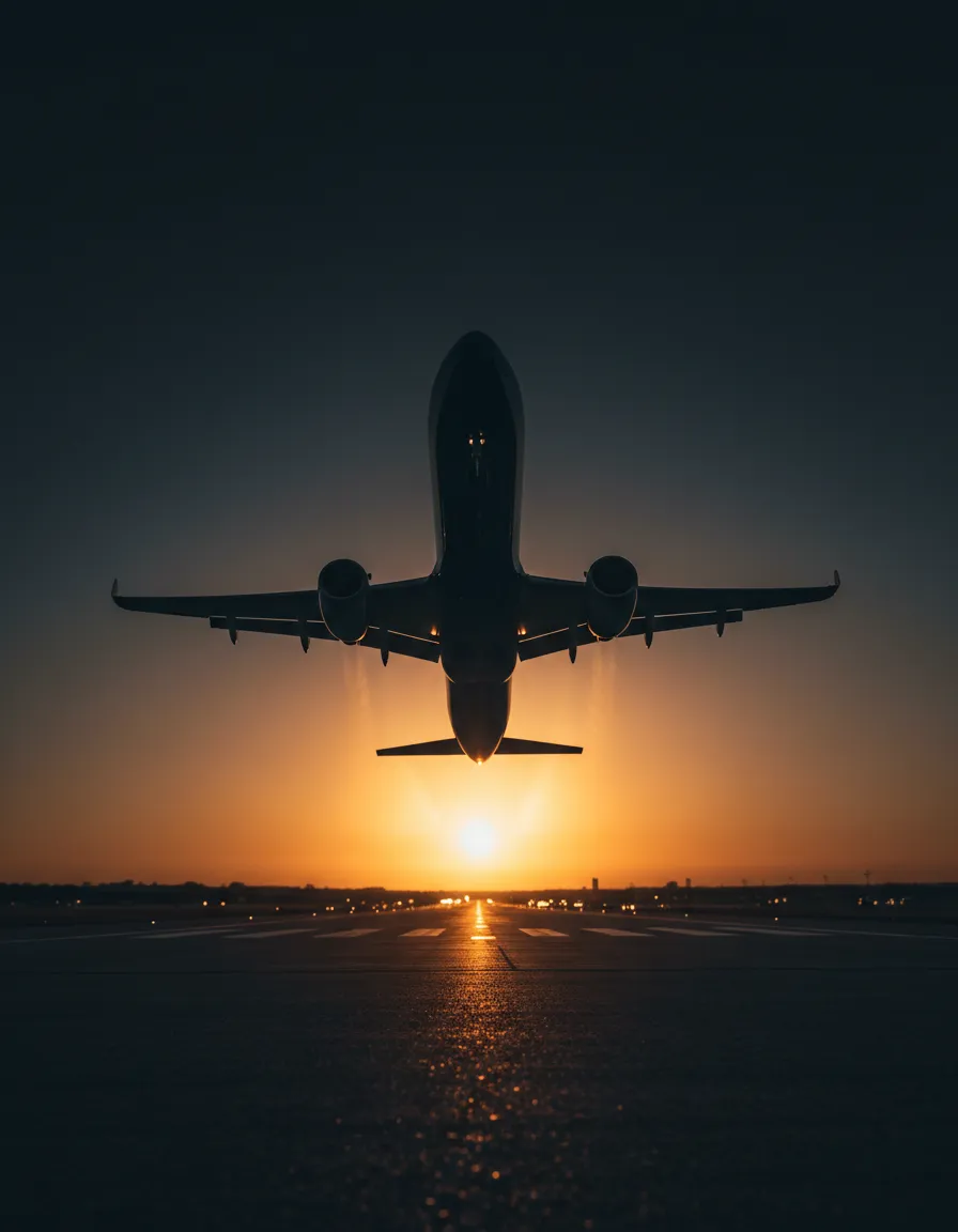 Commercial jet taking off against a bright sky