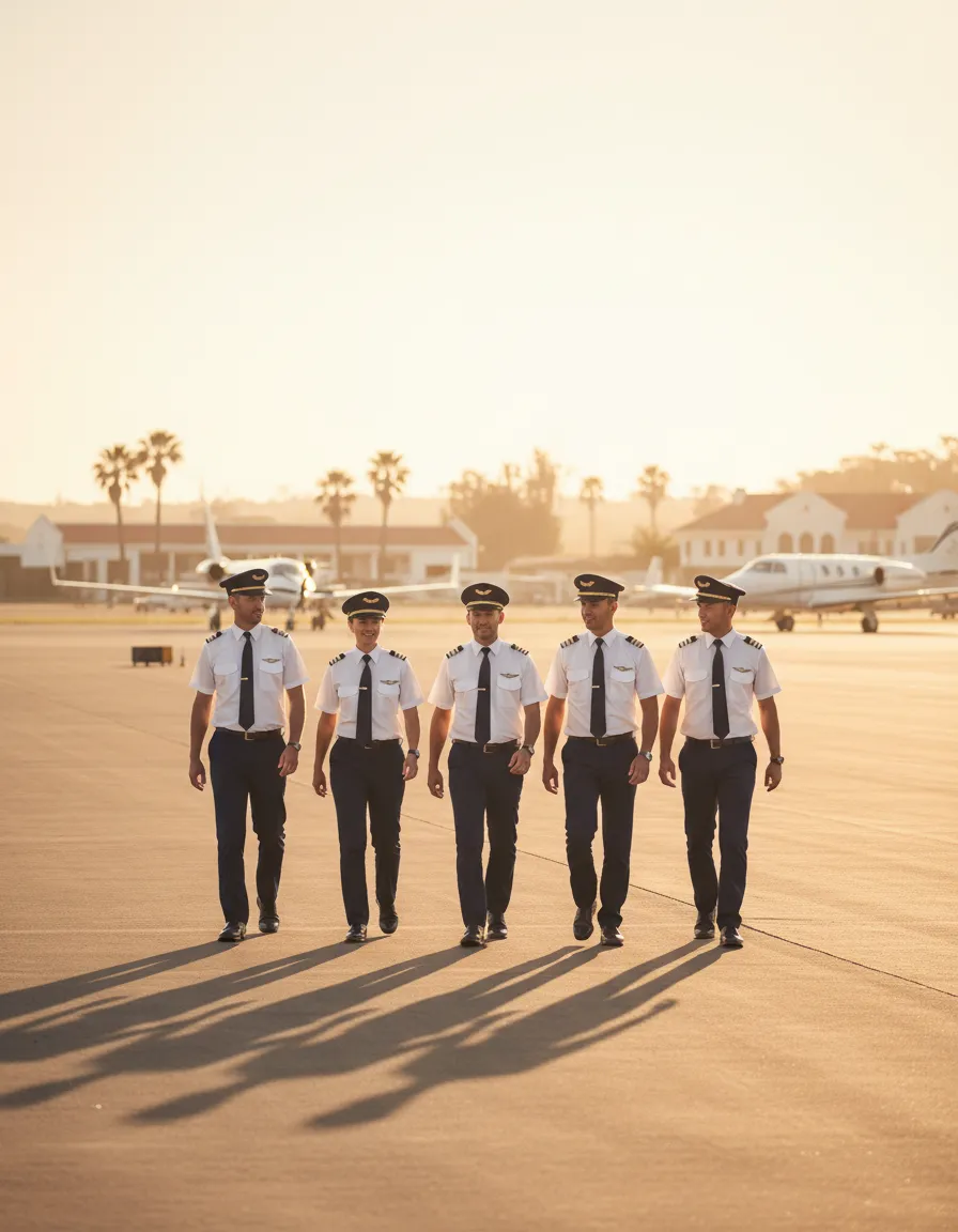 Cadets in airline uniform walking on tarmac