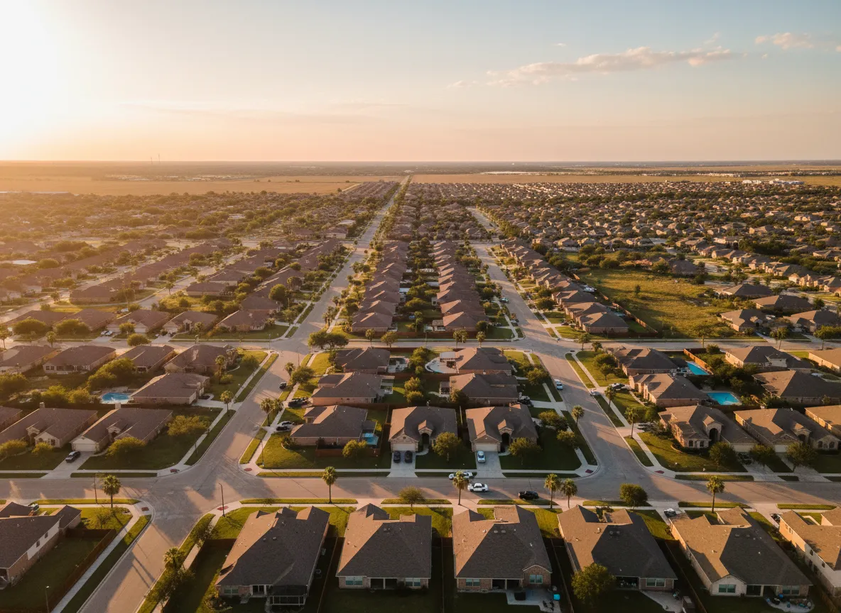 Aerial view of Rio Grande Valley neighborhoods at golden hour