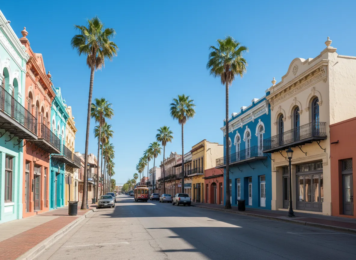 Historic buildings and palm trees in Brownsville