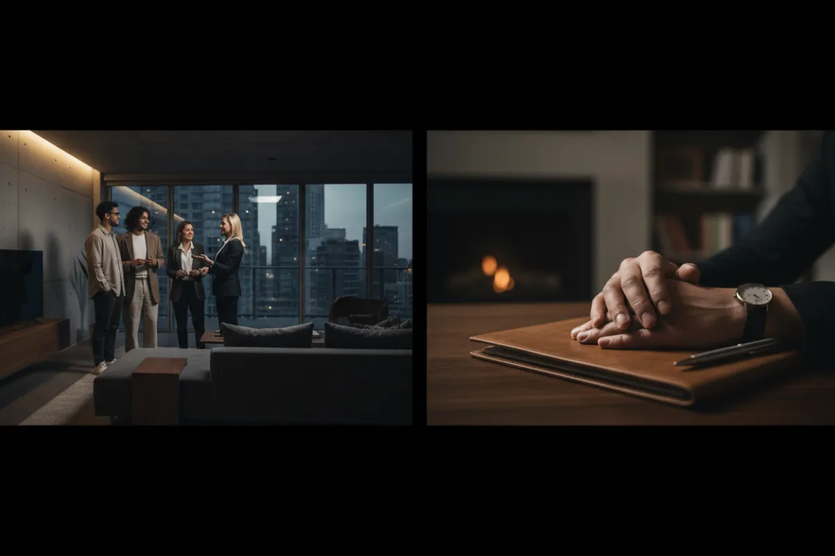 Gallery strip: left shows a buyer tour, right shows a signed offer close-up; consistent 3:2 framing and cohesive color grading.