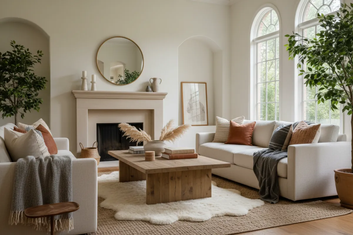 Cozy, beautifully staged family room with layered textures, fireplace and natural light
