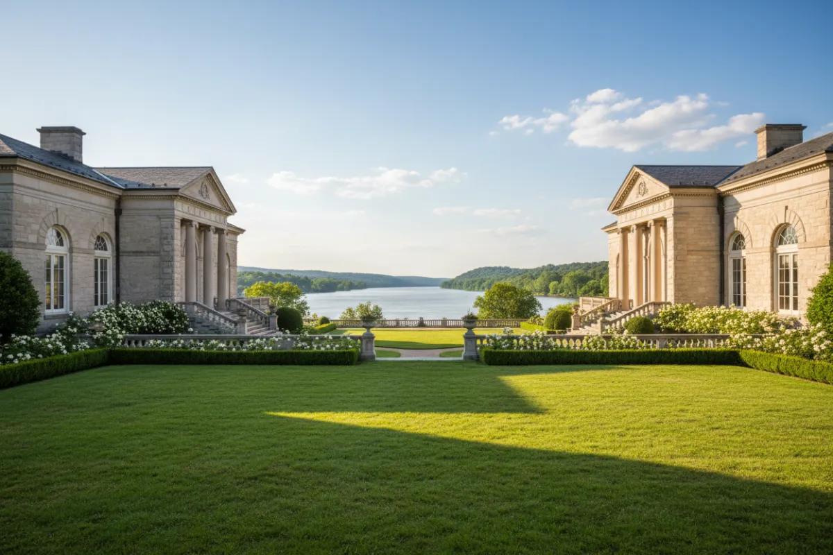 Sunlit exterior of a grand Potomac estate with manicured lawn, stonework, and classic portico