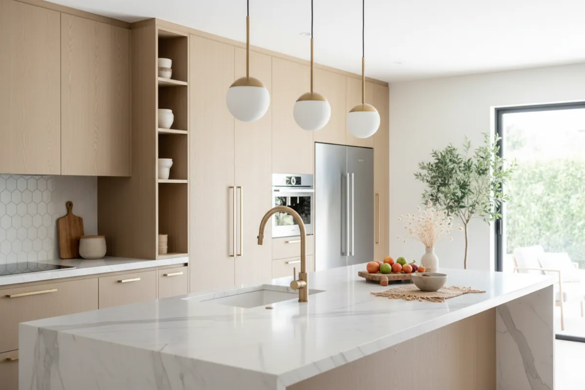 Contemporary interior kitchen with marble island and designer fixtures