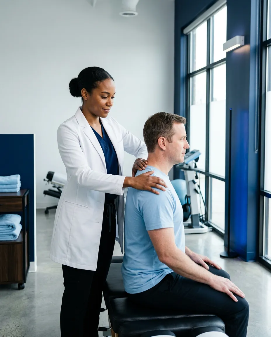Friendly professional chiropractor consulting with a patient in a bright, modern clinical setting