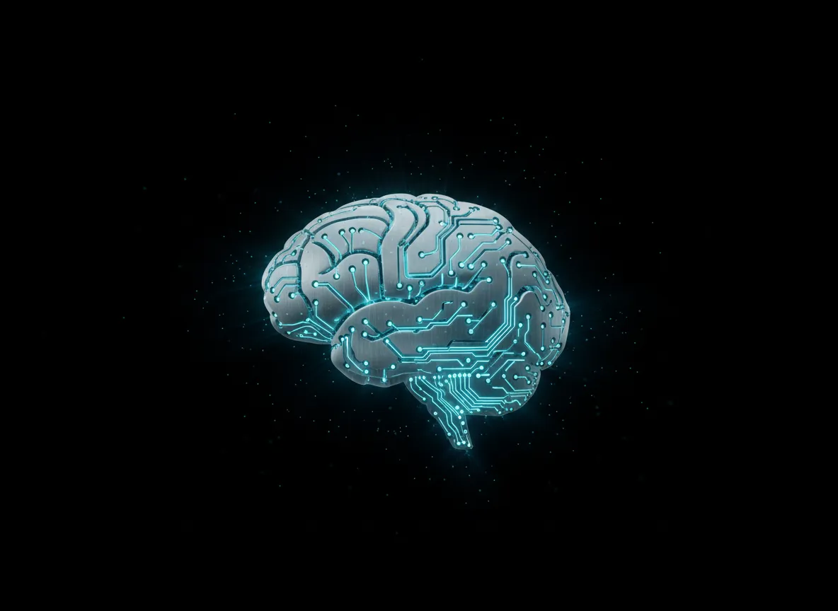 Metallic circuit-board brain with neon blue glow