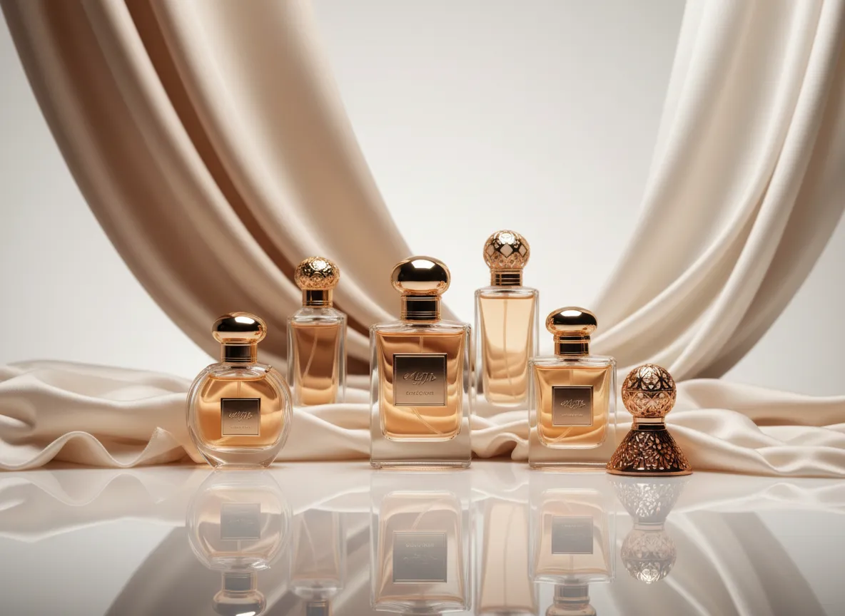 Botellas de perfume Aroma de Primera sobre fondo elegante