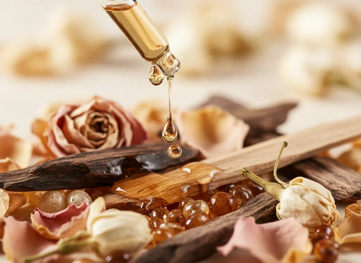 Primer plano de perfume goteando sobre ingredientes naturales