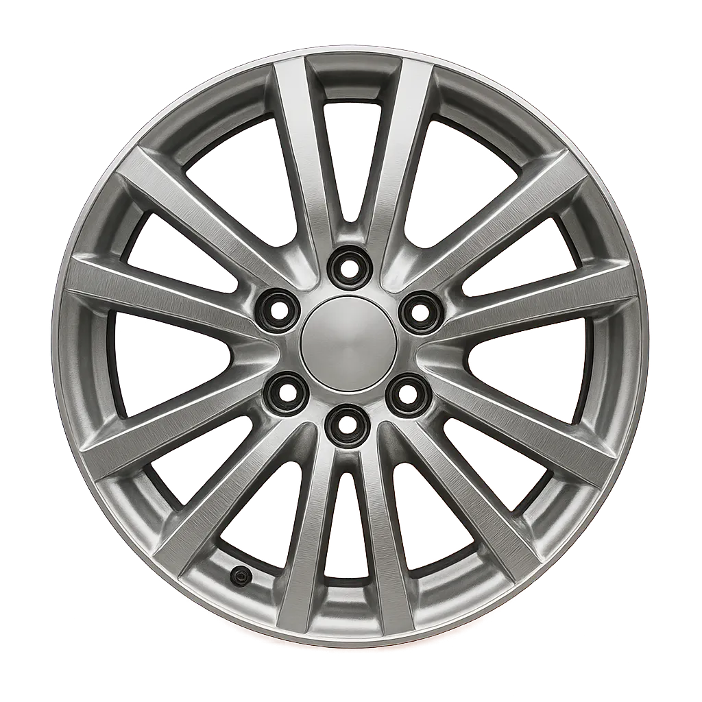 Polished alloy car wheel rim, studio-lit, isolated on transparent background