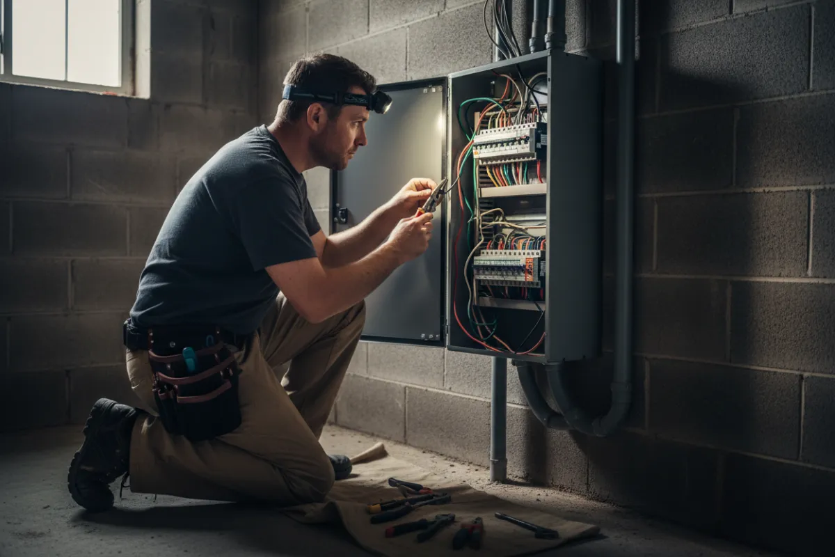 Licensed electrician repairing outdoor service panel at house