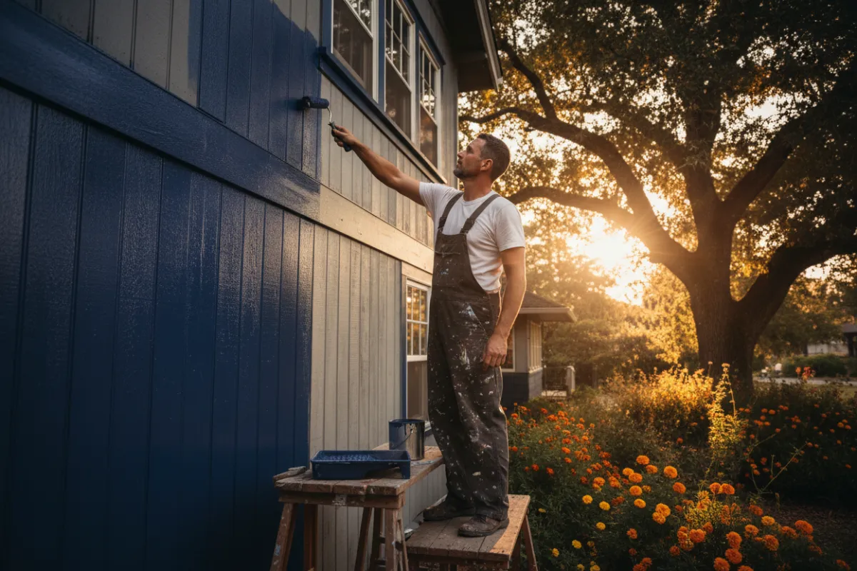 Exterior house painter applying fresh paint to siding