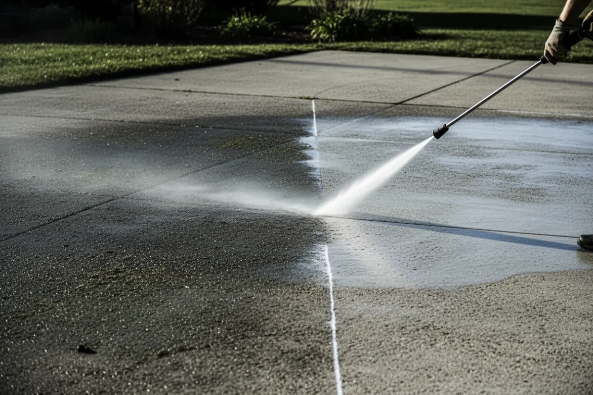 Before-and-after pressure washing of stained driveway