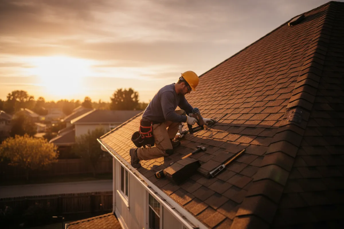 Residential roofing crew replacing asphalt shingle roof on home