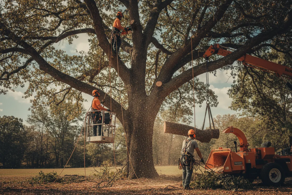Arborist trimming large oak tree with chainsaw