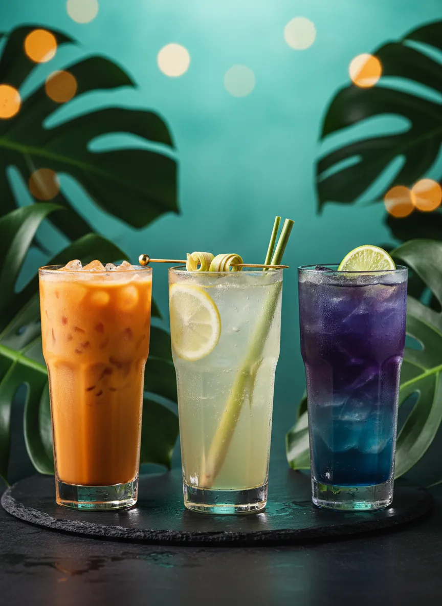 Bright, high-key tropical Thai beverages including Lemongrass Lemonade and Thai Iced Tea