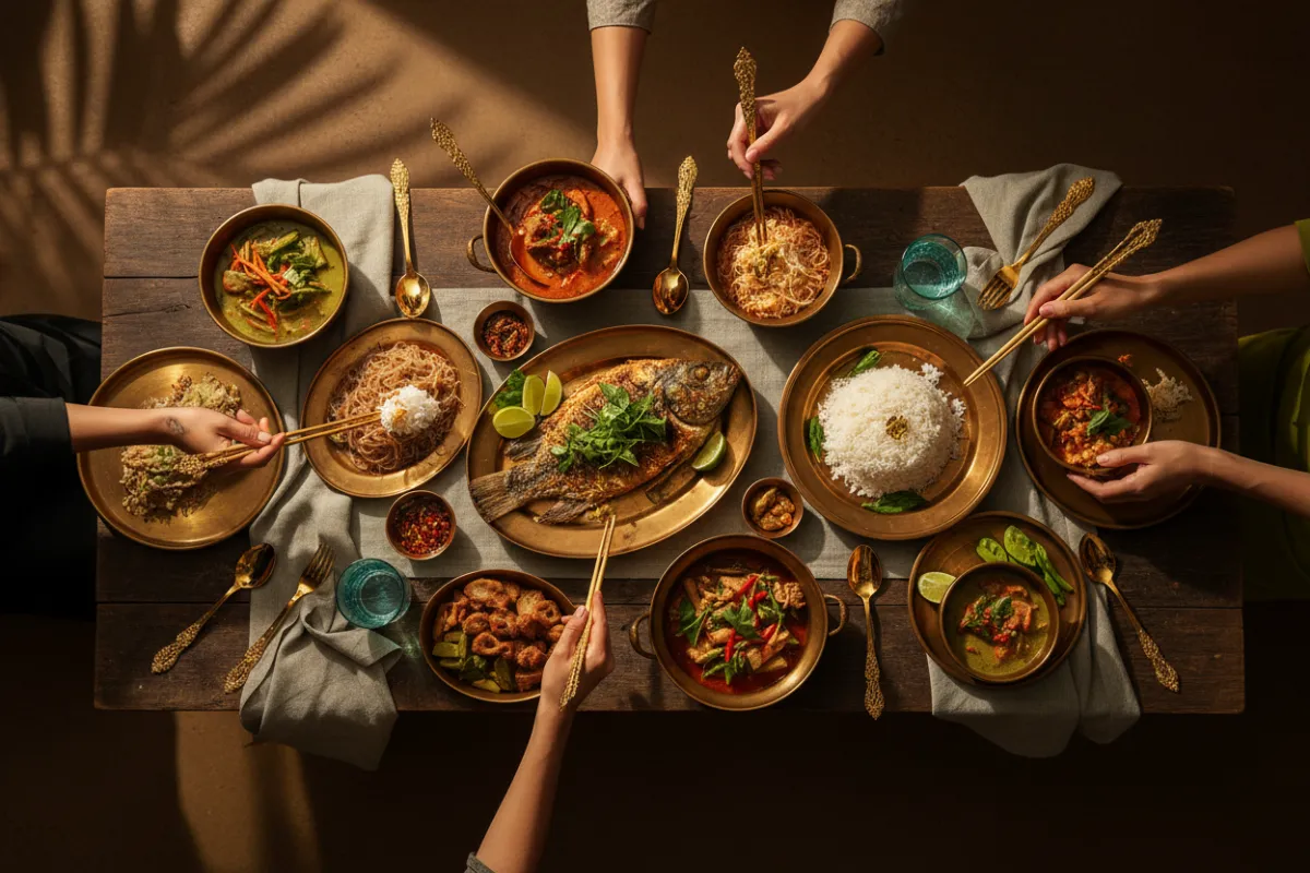 Inviting, high-end warm-toned food photography representing the community meal experience