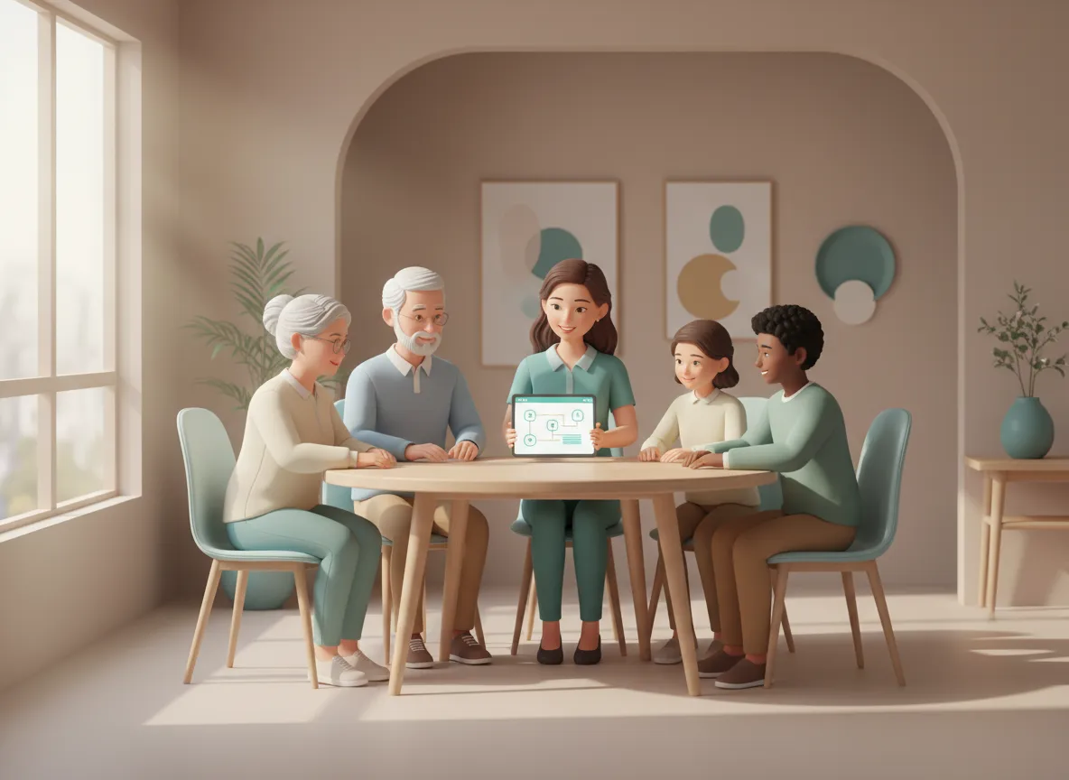 3D illustration of a diverse family talking with a friendly care navigator
