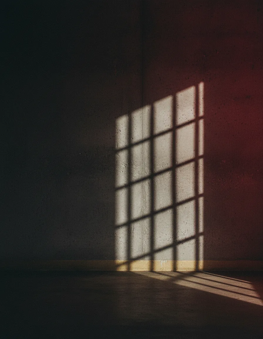 Minimalist memorial graphic of a stark cell window shadow